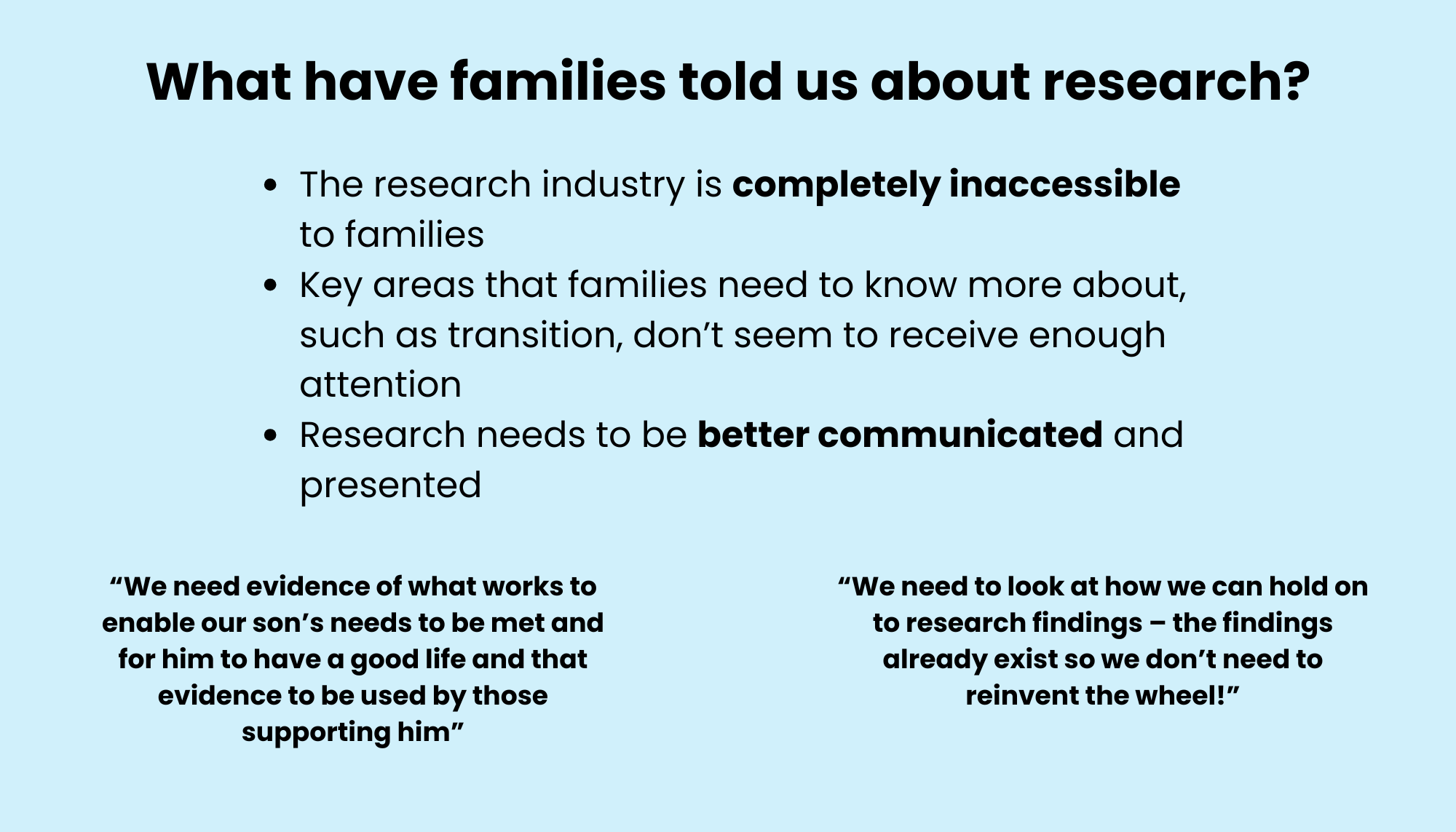What have families told us about research? 1. The research industry is completely inaccessible to families, 2. Key areas that families need to know more about, such as transition, don’t seem to receive enough attention, 3. Research needs to be better communicated and presented. Two quotes from family carers: 1. we need evidence of what works to enable our son's needs to be met and for him to have a good life, and for that evidence to be used by those supporting him. 2. we need to look at how we can hold on to research findings - the findings already exist so we don't need to reinvent the wheel!